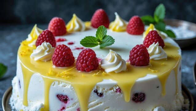 Lemon Curd Semifreddo Ice Cream Cake Topped with Raspberries Mint and Cream Swirls for Elegant Dessert Presentation