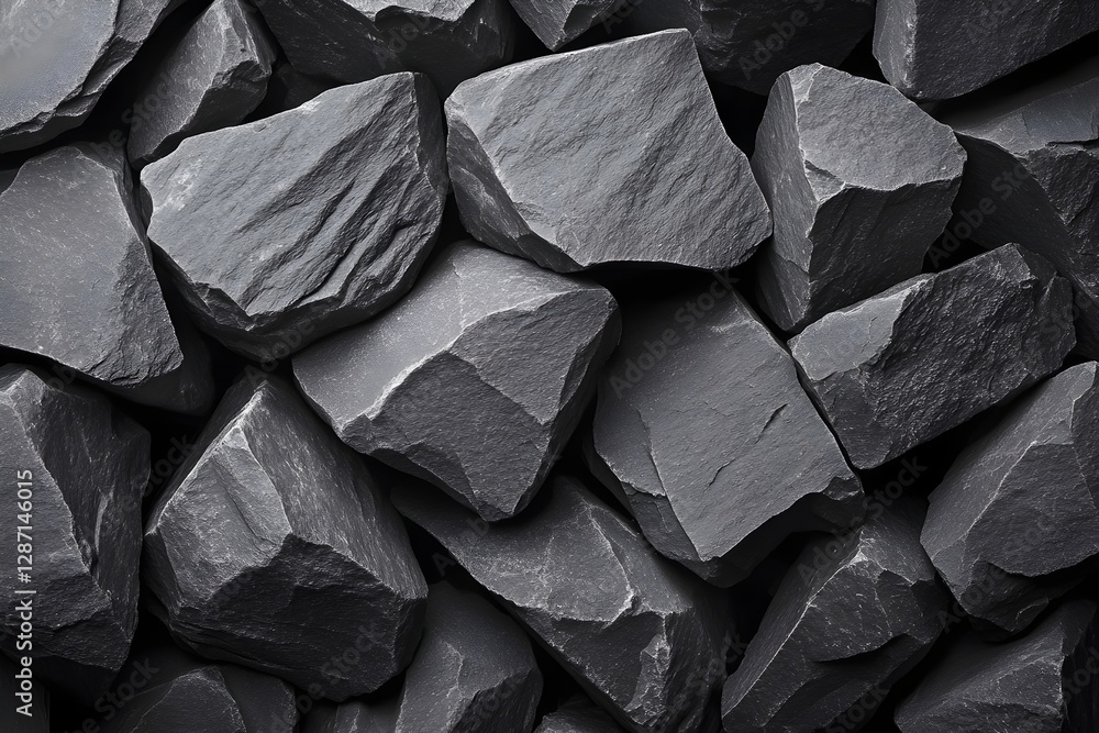 Poster natural black slate stones background with rough texture and angular shapes. dark rock fragments pat