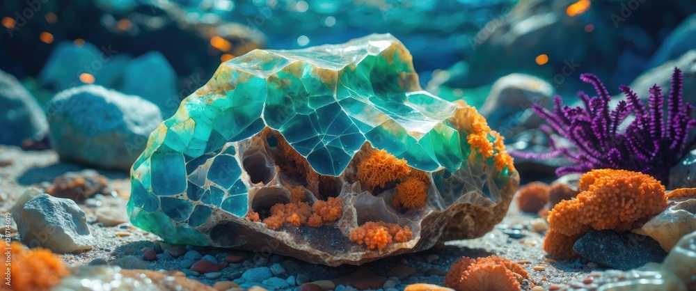 Poster vibrant ocean jasper from indonesia featuring intricate patterns and colors set against a seabed bac