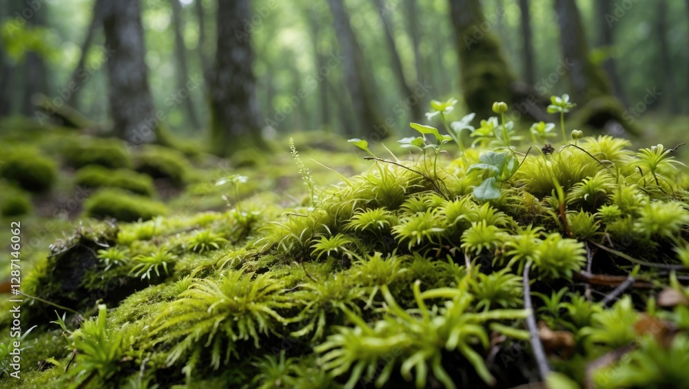 Aufkleber lush green moss covering forest floor with soft sunlight filtering through trees creating a serene n