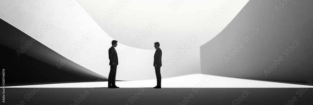 Poster two business professionals engage in thoughtful discussion within an abstract monochrome environment