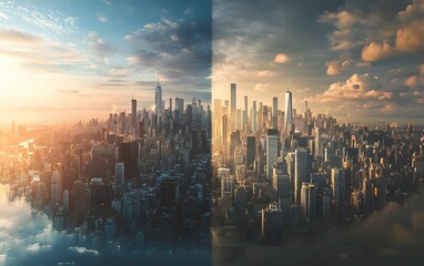 Fototapeta premium A stunning panoramic view showcasing a vibrant city skyline at sunrise and sunset. The contrasting colors highlight the architectural beauty and urban landscape of a metropolis.