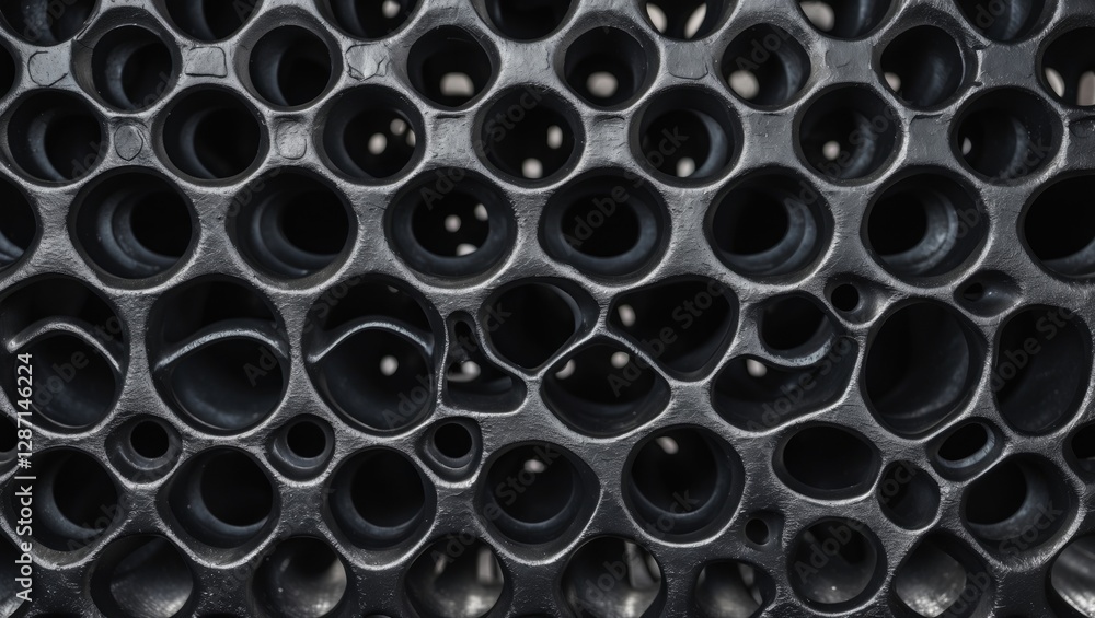 Poster textured black metal background with circular holes creating a modern industrial design suitable for