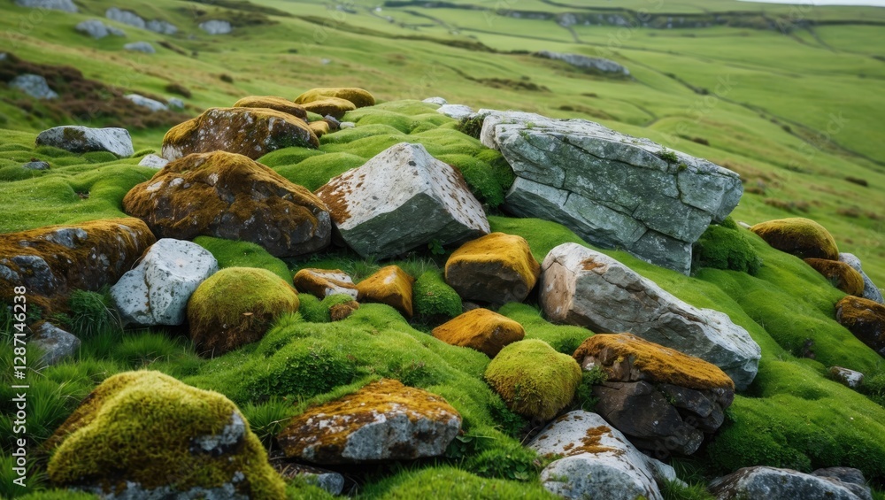 Aufkleber moss-covered rocks in a lush green field creating a rustic landscape scene suitable for nature-theme