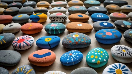 Colorful and creatively painted stones arranged in an artistic pattern showcasing abstract shapes and vibrant designs on a neutral background.