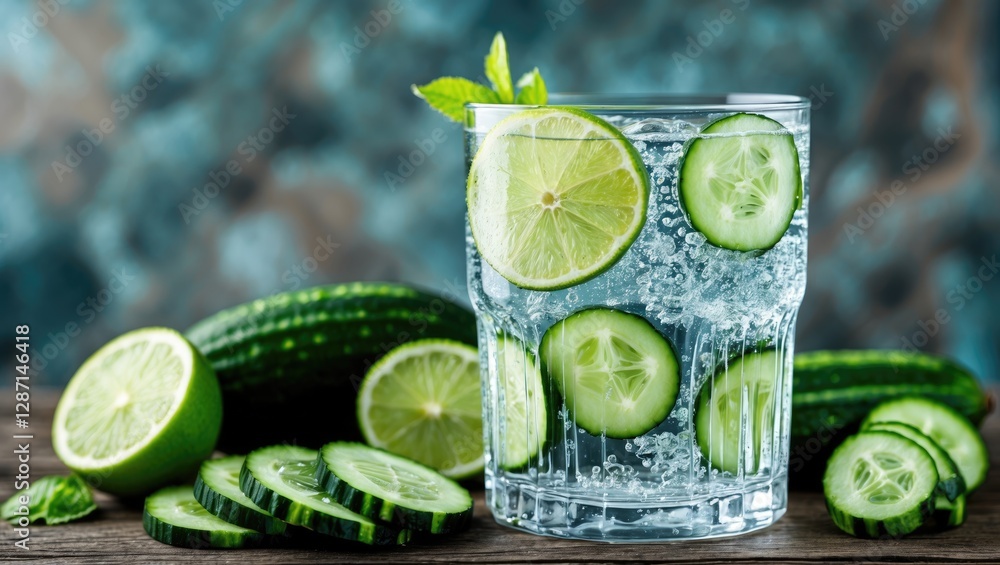 Aufkleber refreshing mineral water infused with lime and cucumber slices on wooden table with blurred backgrou