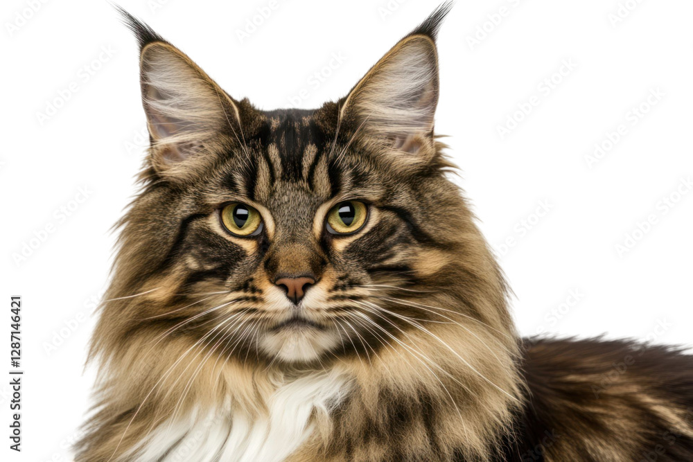 Poster close up of a brown tabby cat on a transparent background. the cat's head and upper body are in focu