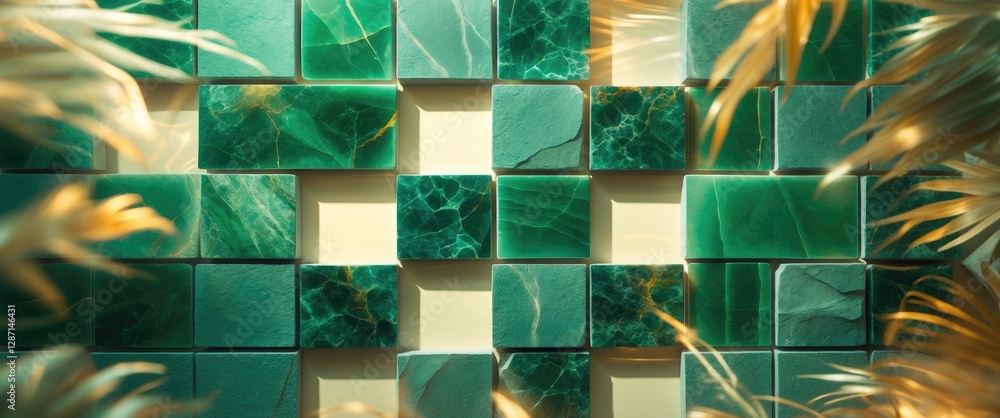 Poster elegant green stone block wall tile texture with seamless pattern, perfect for interior design and b