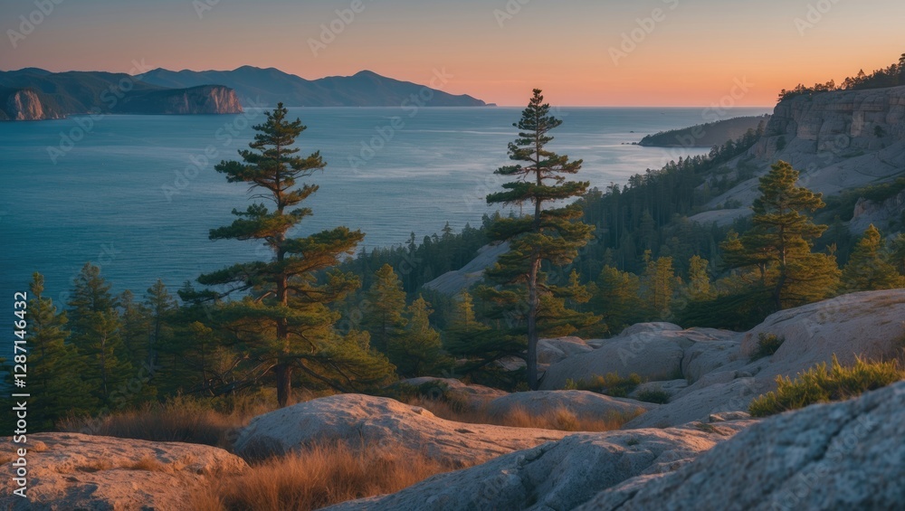 Poster tranquil nature landscape at national park with pine trees and serene sea view during evening with s