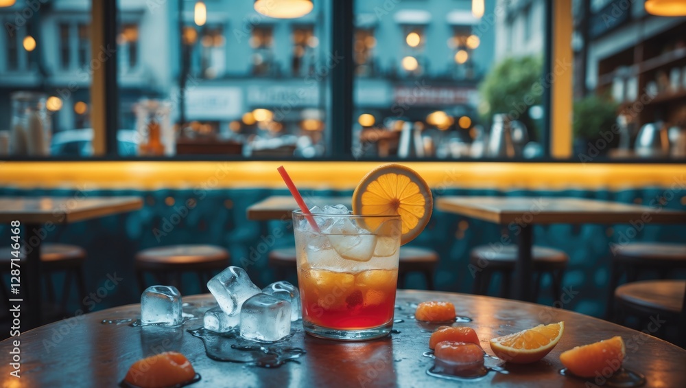 Poster refreshing summer cocktail with ice and citrus fruits on a rustic table in a cozy coffee shop atmosp