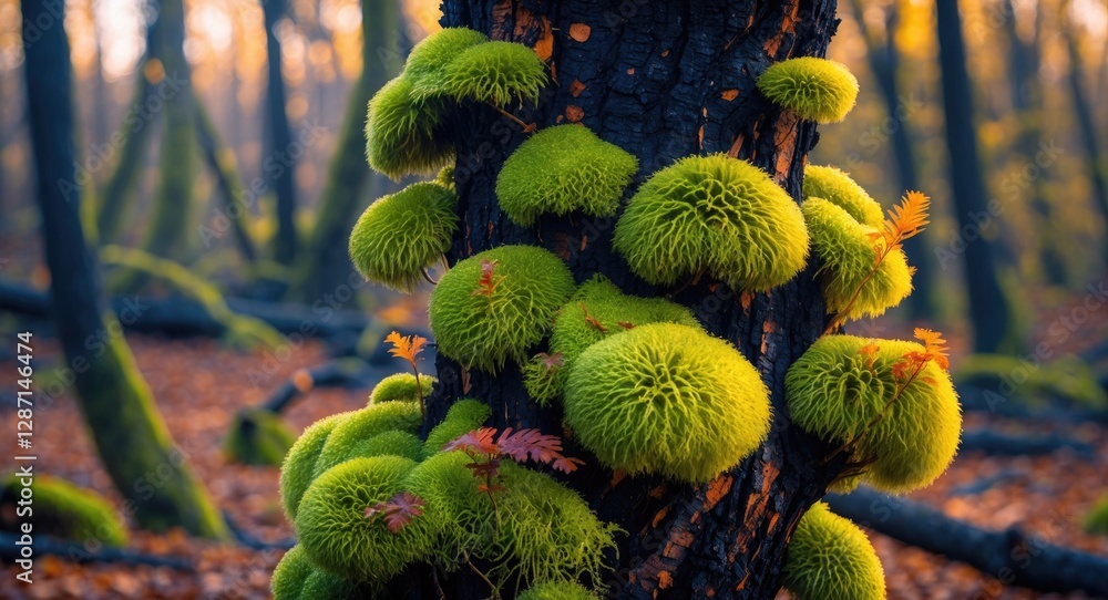 Poster vibrant green moss covering a charred tree trunk in a serene forest setting during autumn with soft 