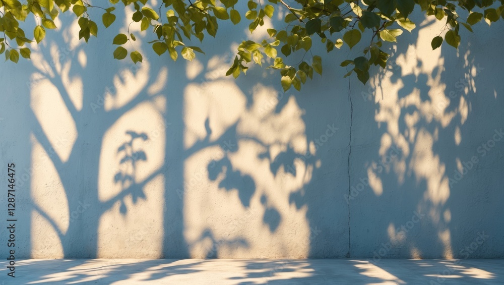 Poster natural sunlight casting tree branch shadows on a textured wall creating an abstract and peaceful at