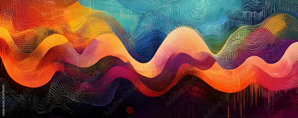Poster a vibrant and abstract wave pattern showcasing a blend of colors. the design features smooth curves 