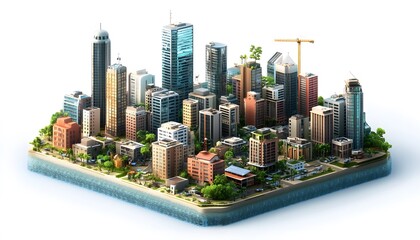 A vibrant cityscape showcasing modern architecture with skyscrapers, greenery, and construction sites, representing urban development and innovation in a dynamic environment.