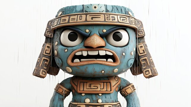 Angry Blue Stone Figurine with Mayan Headdress in Rain