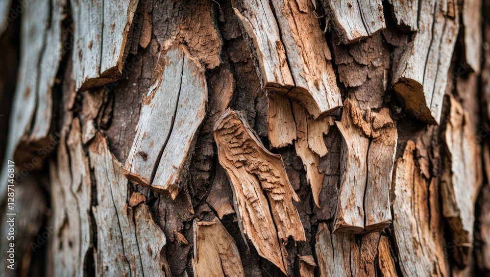 Poster close-up of unique natural bark patterns on tree trunk showcasing intricate textures and earthy tone