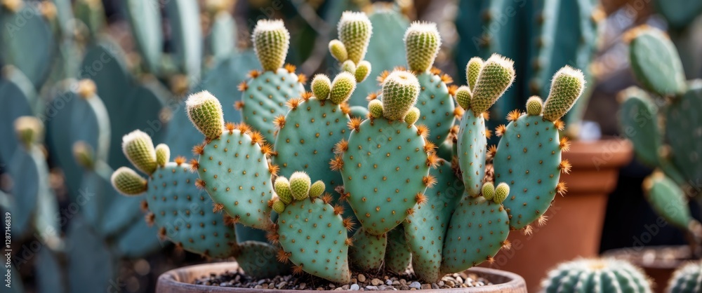 Wall mural Bunny cactus Opuntia microdasys displaying vibrant pads and unique texture in a sunny garden setting