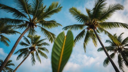 Palm Trees Against a Blue Sky with a Focused Coconut Leaf in the Foreground Creating a Tropical Nature Scene