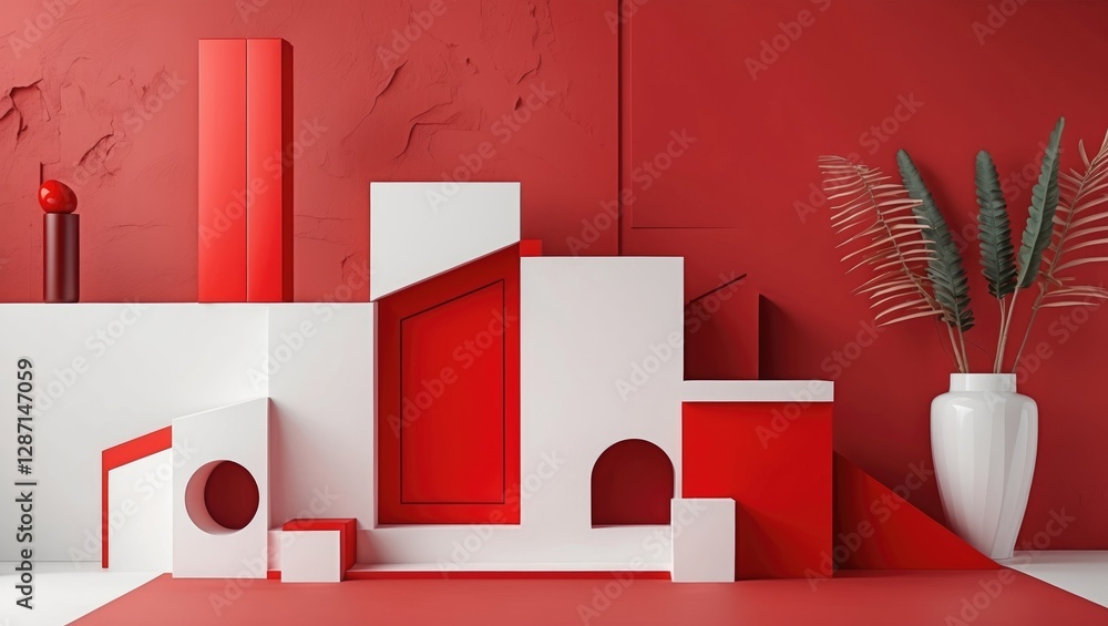 Poster modern geometric display with red box structures and white architectural elements against a vibrant 