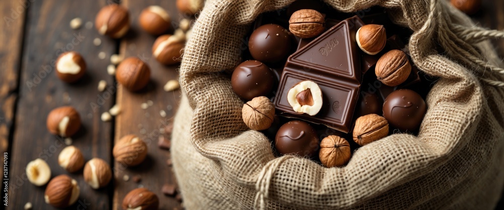 Poster milk chocolate with hazelnuts and walnuts in a burlap sack on a rustic wooden surface surrounded by 