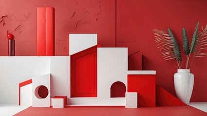 Modern geometric display with red box structures and white architectural elements against a vibrant red background for contemporary design themes.