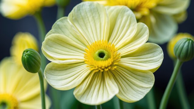 Macro shot of delicate yellow ranunculus buttercup flower showcasing intricate petal textures against a softly blurred background.
