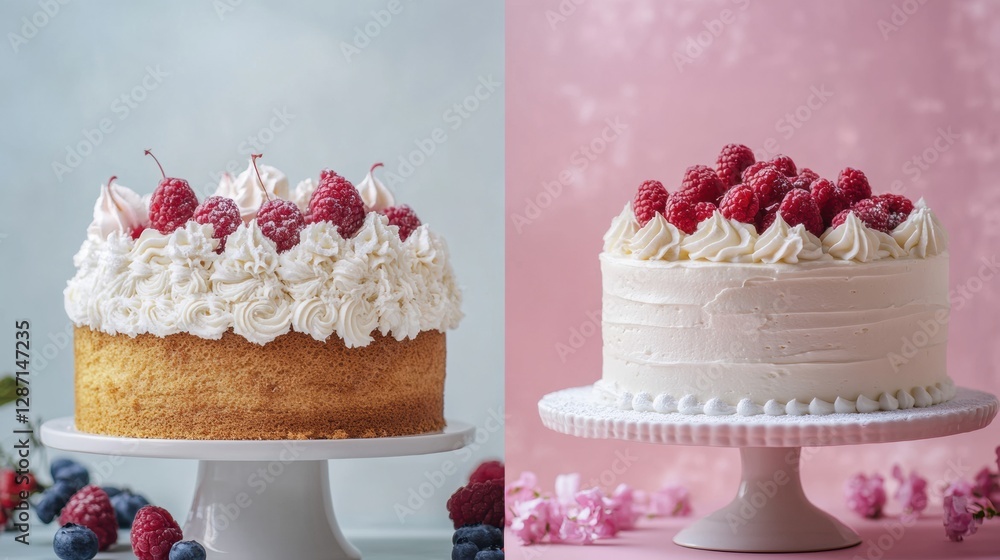 Poster two beautiful cakes decorated with fresh raspberries and whipped cream on elegant stands in differen