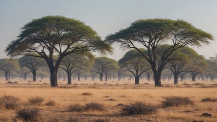 Obraz premium Acacia Trees Silhouettes Against a Dry Grassland Landscape During the Season of Drought and Natural Resilience.