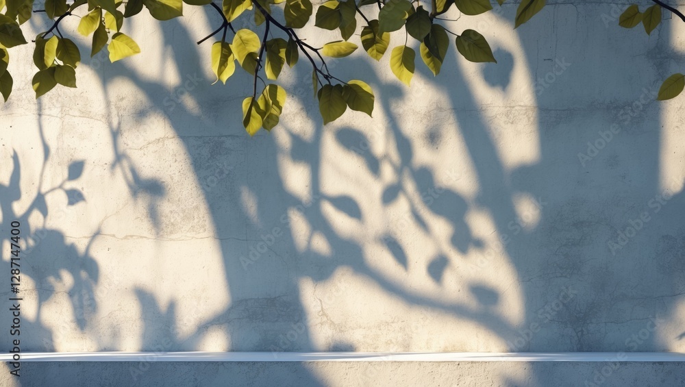 Poster abstract tree shadows creating a dappled effect on a textured white wall with natural sunlight highl