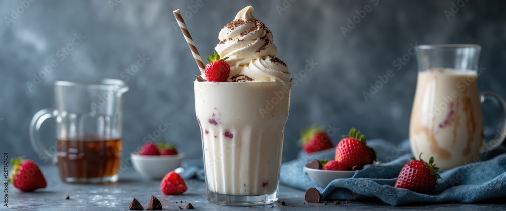 Poster delicious milkshake topped with cream and strawberries with empty space for custom text in a charmin