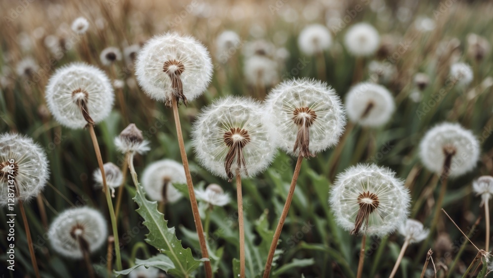 Poster vintage style dandelions in natural field with soft focus and blank space for text or design element
