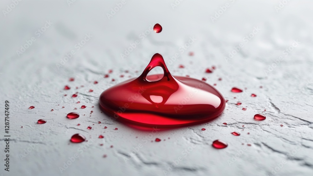 Poster macro shot of a vibrant red blood droplet on a textured white background highlighting contrast and s