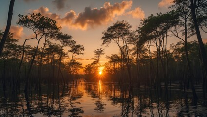 Obraz premium Mangrove Forest Sunset Reflection Over Calm Waters and Silhouetted Trees