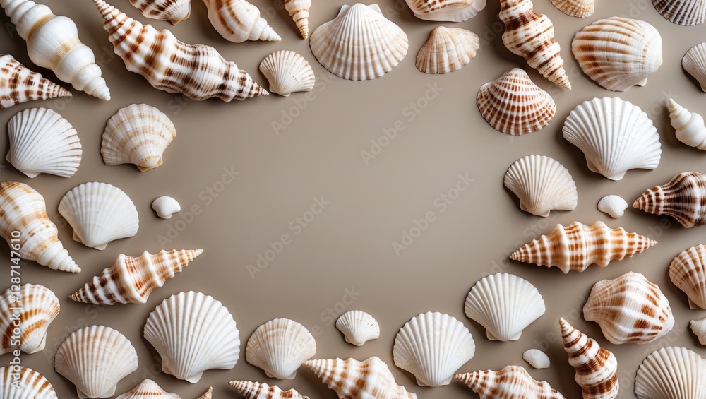 Poster seashells pattern on neutral beige background with empty space for text or design elements