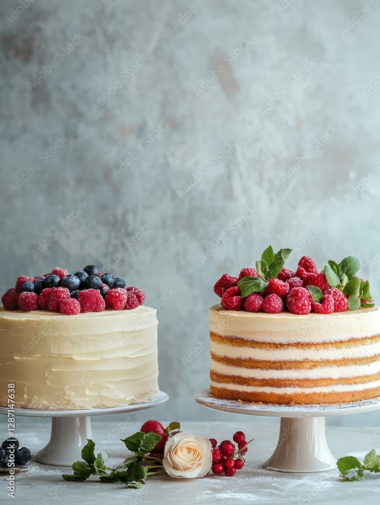 Aufkleber Delicious layered cakes topped with fresh berries arranged elegantly on a table in a bright setting. Generative AI