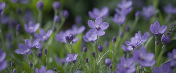 Obraz premium Vibrant Purple Wildflowers Blooming in a Garden Setting with Rich Green Foliage and Soft Light Highlights