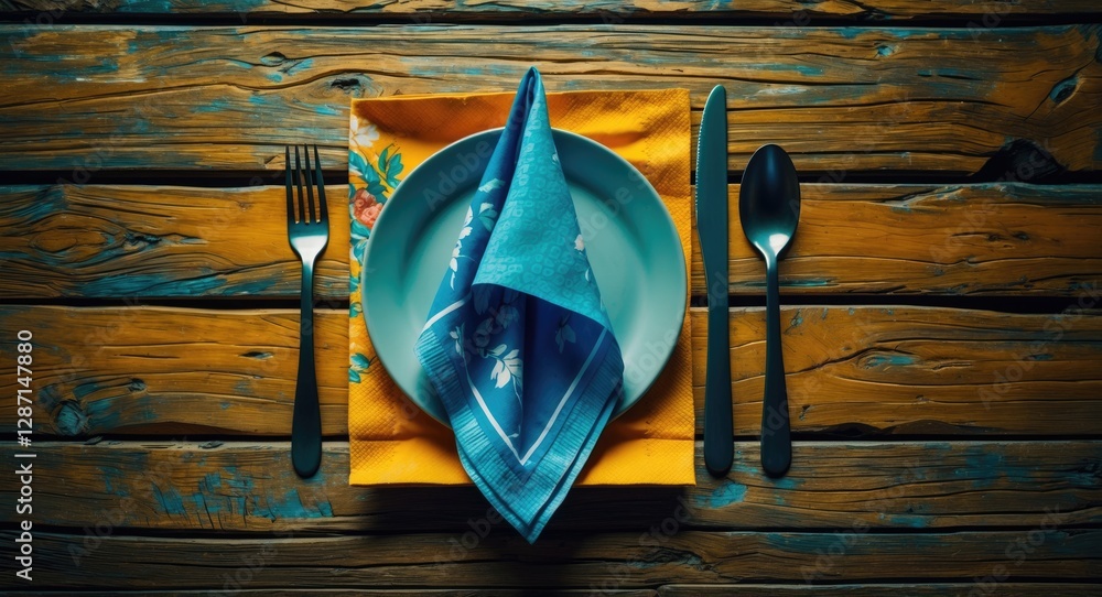 Aufkleber elegant table setting with colorful napkins and utensils on rustic wooden background showcasing dini