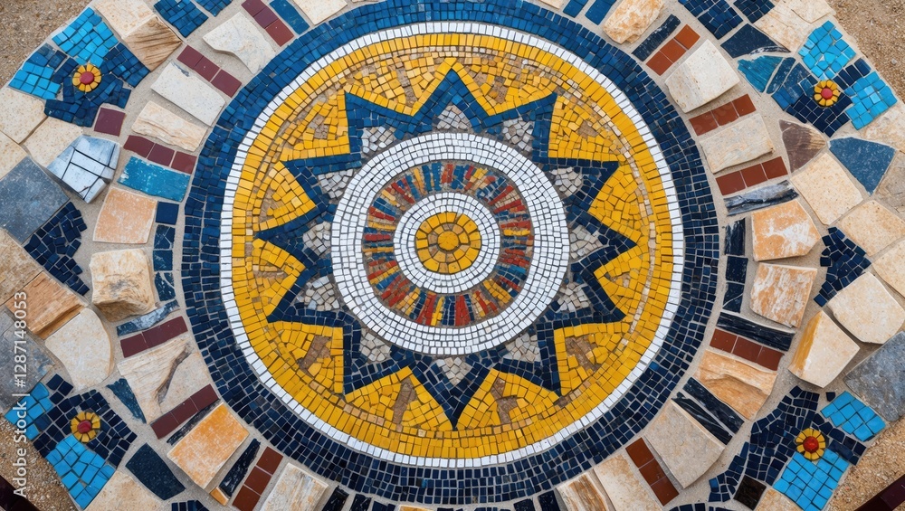Poster Vibrant Mosaic Pattern from Above Showcasing Artistic Design and Colorful Tiles in a Beach Setting
