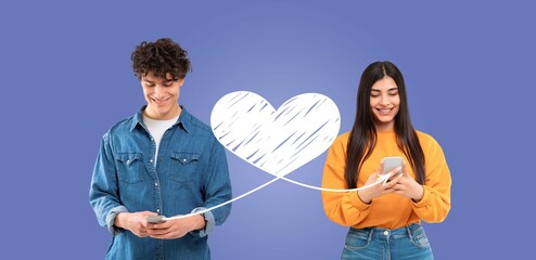 A couple is happily engaged with their smartphones, sharing messages online. They are celebrating...