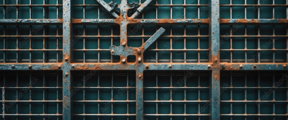 Poster rusty metal grid pattern with industrial texture and abstract design in green and brown tones suitab