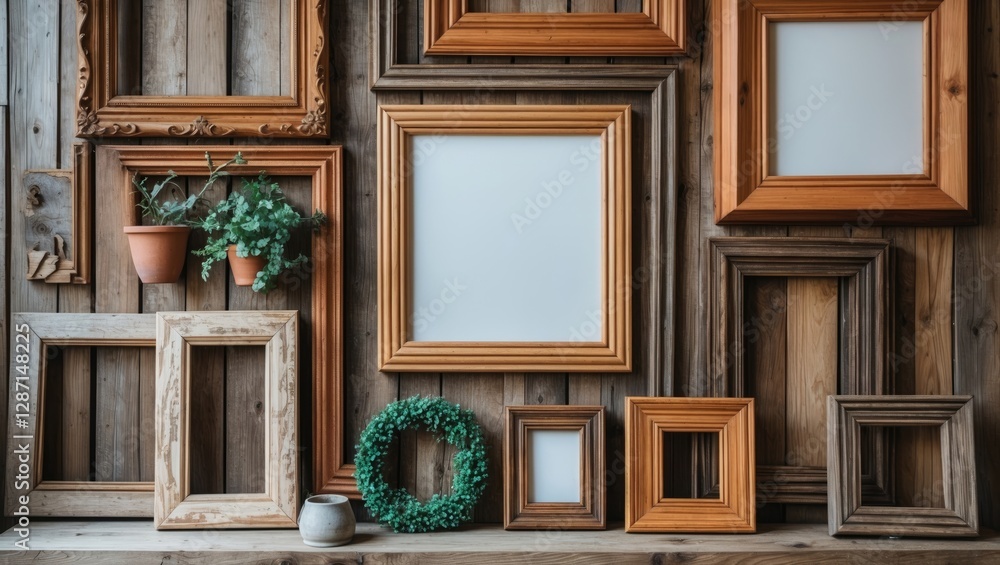 Poster collection of diverse wooden picture frames arranged on a rustic wooden wall creating a charming and