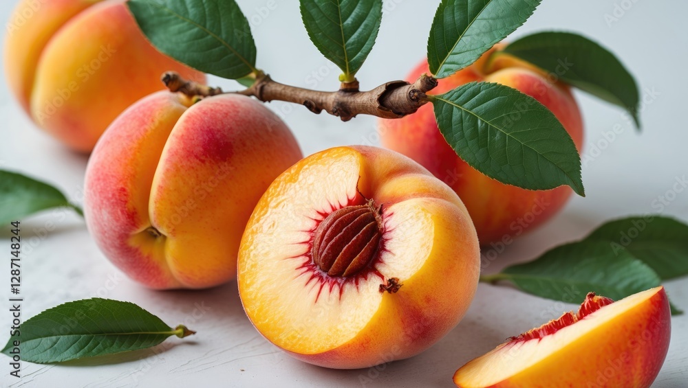 Aufkleber fresh nectarines and slices with green leaves on a light background showcasing their vibrant color a