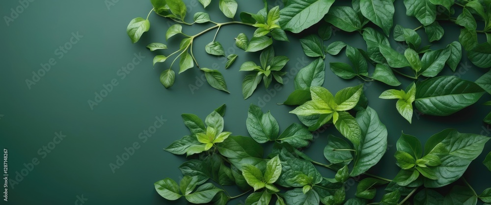 Poster lush green leaves bordering rich emerald background with space for text and design elements in natur