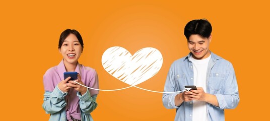 A loving couple engages in affectionate communication on St. Valentine's Day, using their smartphones to connect through heartfelt messages on an online application against a vibrant background.
