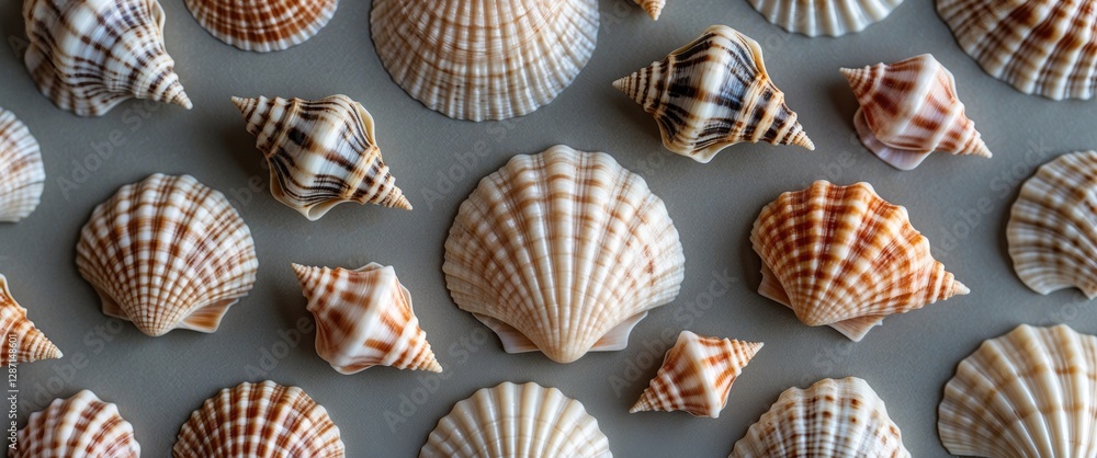 Poster varied natural sea shells arranged on surface with unique patterns and textures perfect for decorati