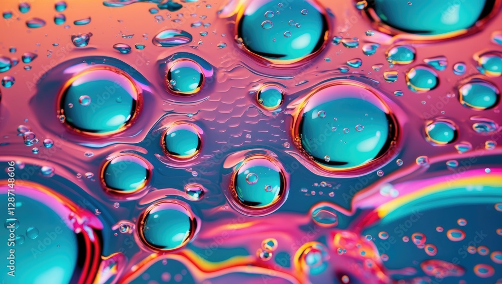 Poster colorful oil and water bubbles creating abstract patterns in liquids with vibrant reflections and li