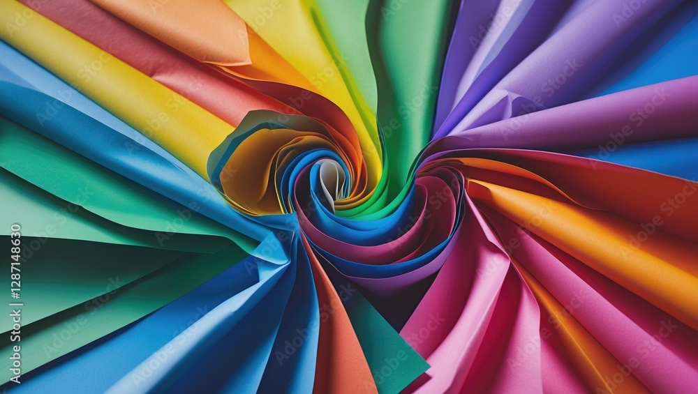 Poster colorful spiral arrangement of textured paper sheets creating a vibrant background suitable for crea