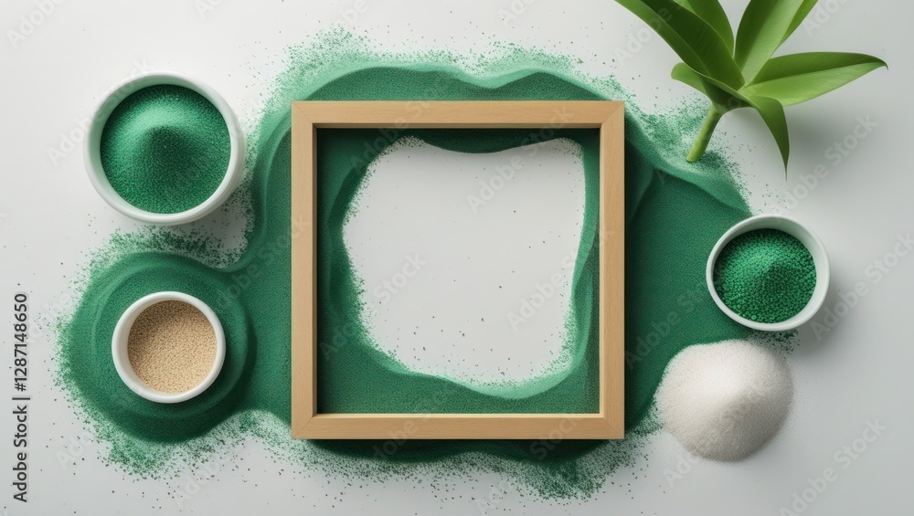 Aufkleber modern frame surrounded by green sand texture and decorative elements on a white background for crea
