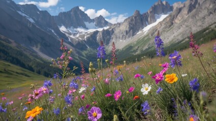 Vibrant Mountain Landscape Featuring Colorful Wildflowers and Expansive Sky with Blank Area for Text Overlay