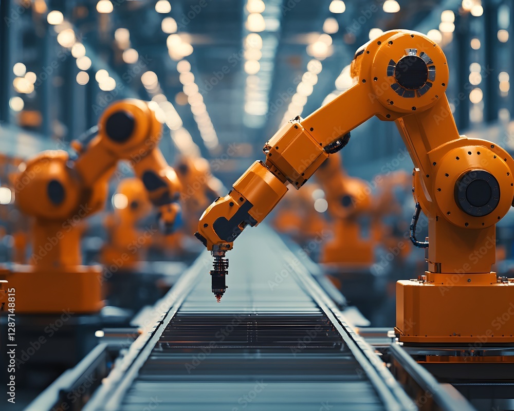 Poster high-tech industrial robots work on an automated assembly line. these robotic arms enhance efficienc